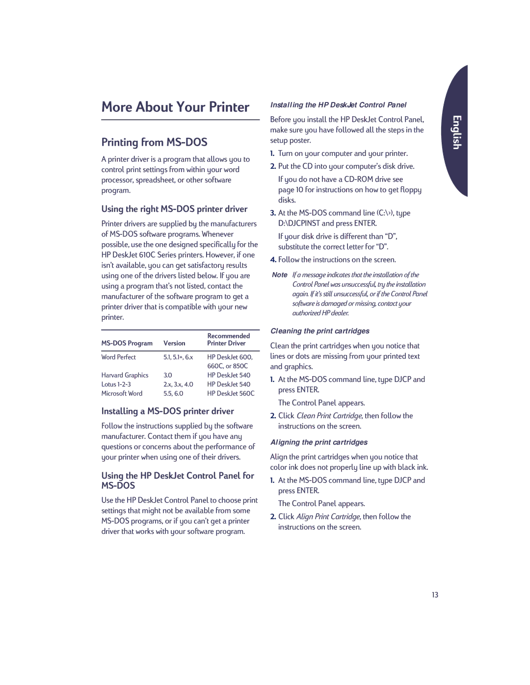 HP 610c manual Printing from MS-DOS, Installing a MS-DOS printer driver, Using the right MS-DOS printer driver 