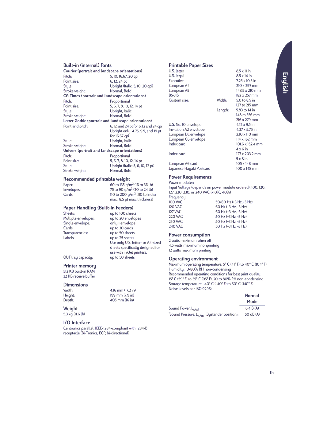 HP 610c manual Built-in internal fonts, Recommended printable weight, Paper Handling Built-In Feeders, Dimensions, Weight 