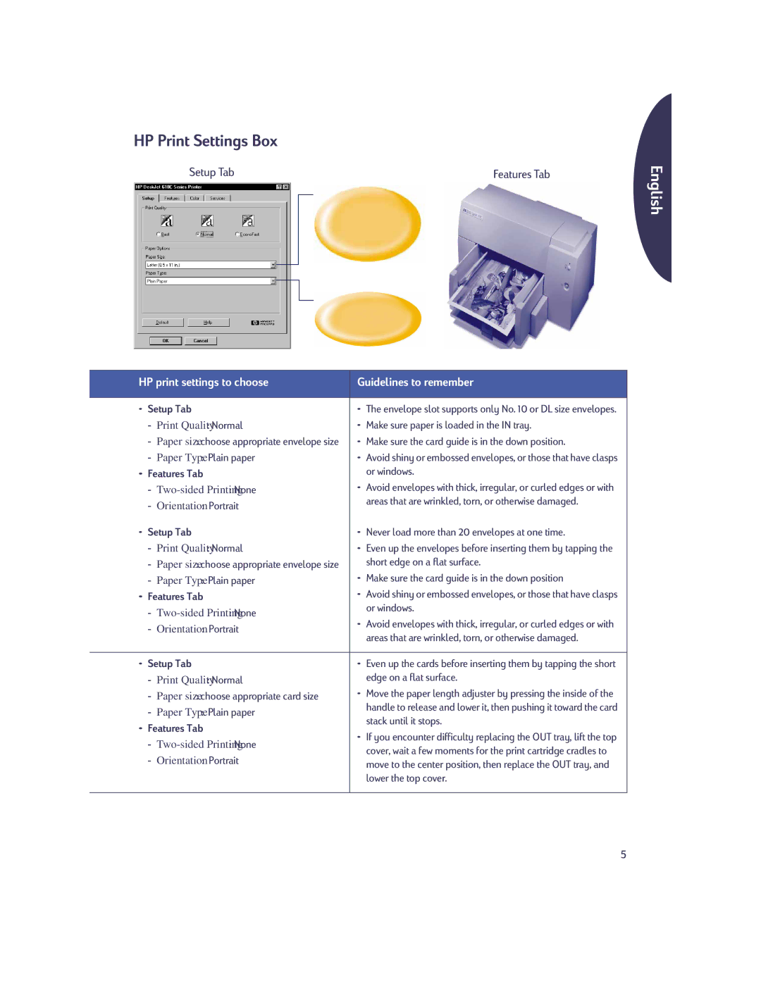 HP 610c manual HP Print Settings Box, ¥ Setup Tab, ¥ Features Tab, Paper size choose appropriate card size 