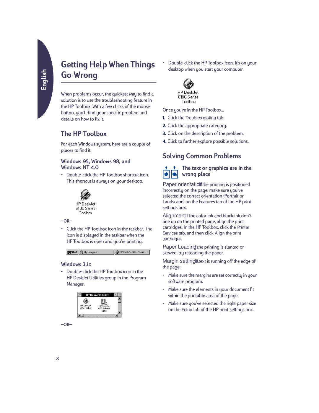HP 610c HP Toolbox, Solving Common Problems, Windows 95, Windows 98, Windows NT, Text or graphics are in the wrong place 