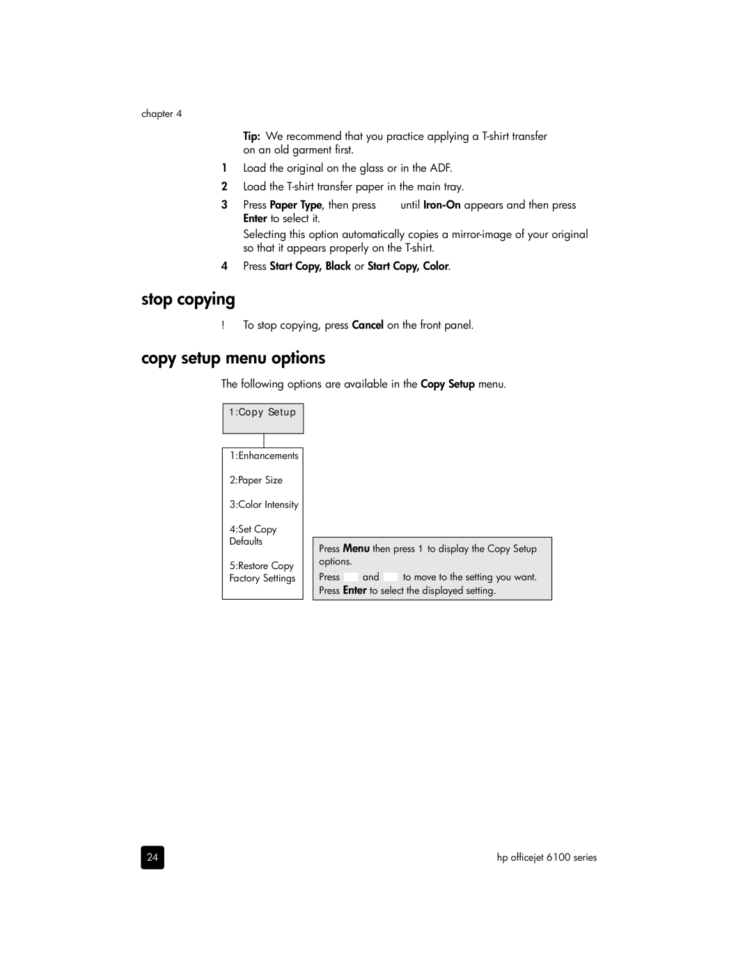 HP 6110v, 6110xi, 6105 manual Stop copying, Copy setup menu options 