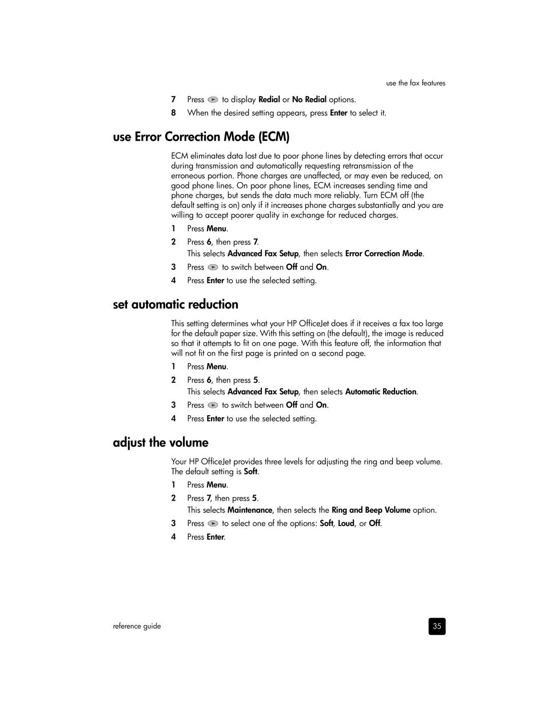 HP 6105, 6110v, 6110xi manual Use Error Correction Mode ECM, Set automatic reduction, Adjust the volume 