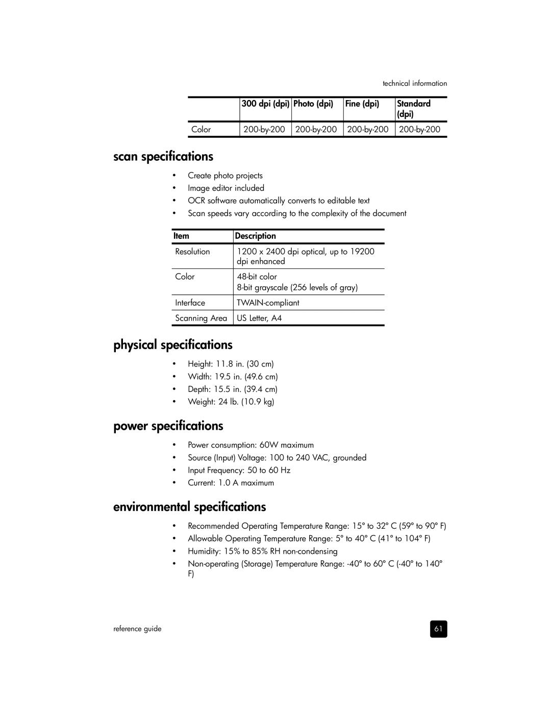 HP 6110v, 6110xi, 6105 Scan specifications, Physical specifications, Power specifications, Environmental specifications 