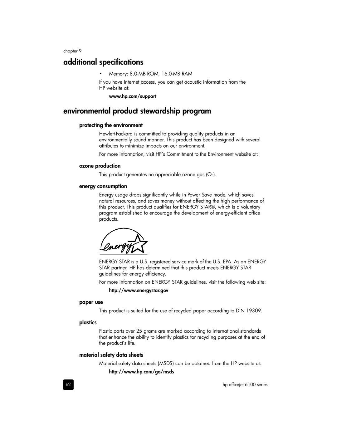 HP 6110xi, 6110v, 6105 manual Additional specifications, Environmental product stewardship program 