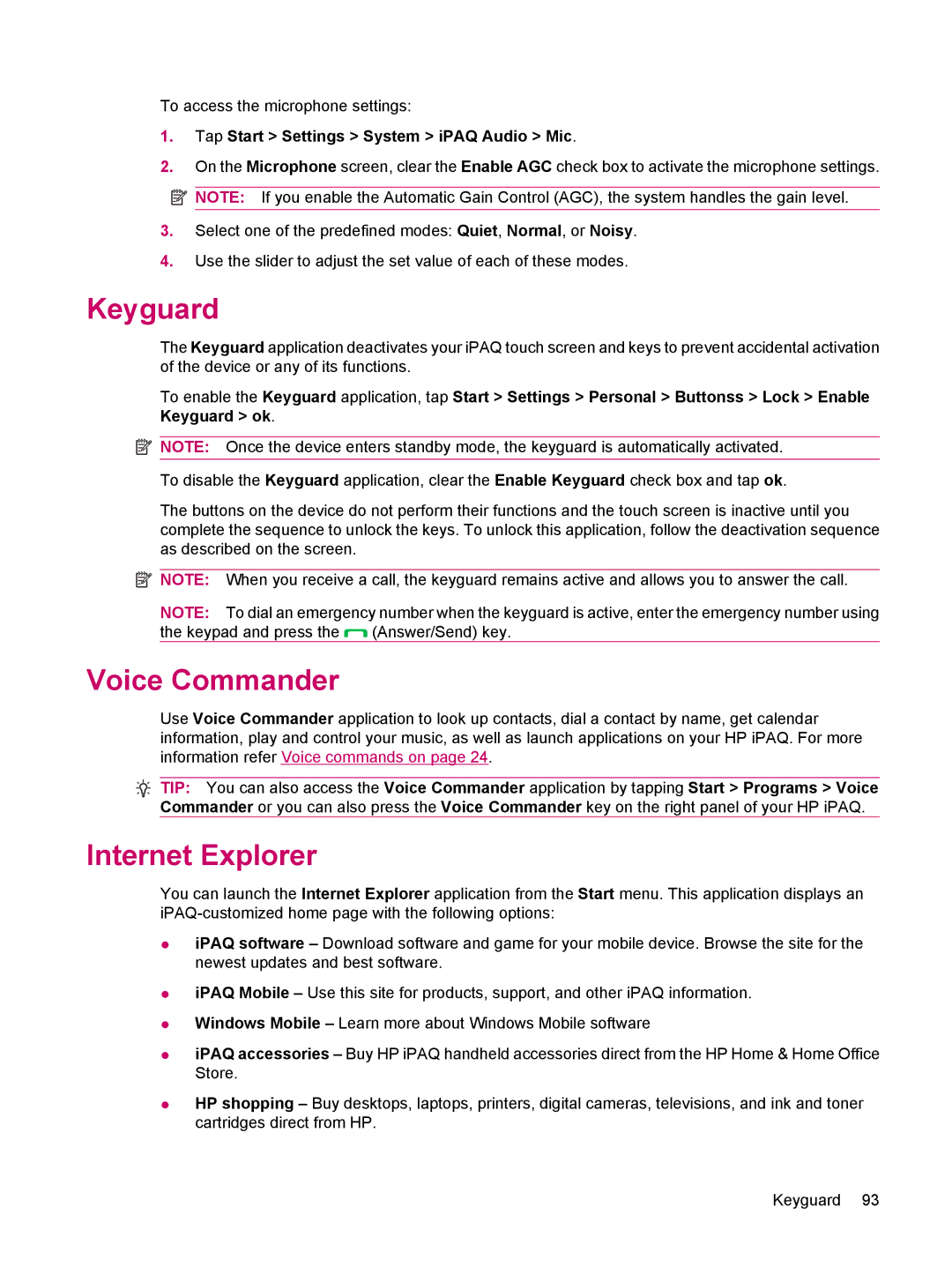 HP 612 manual Keyguard, Voice Commander, Internet Explorer, Tap Start Settings System iPAQ Audio Mic 