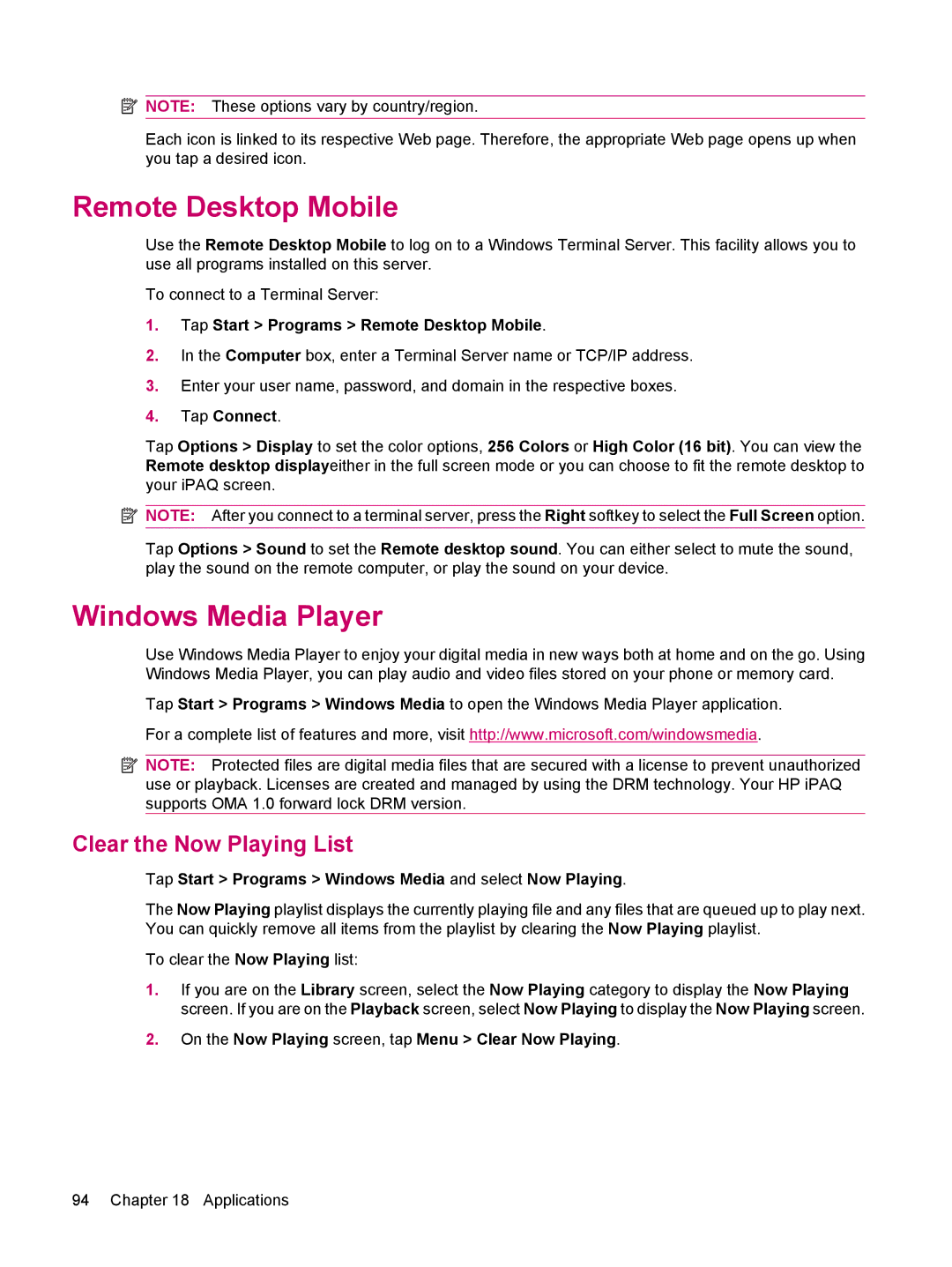 HP 612 manual Remote Desktop Mobile, Windows Media Player, Clear the Now Playing List 