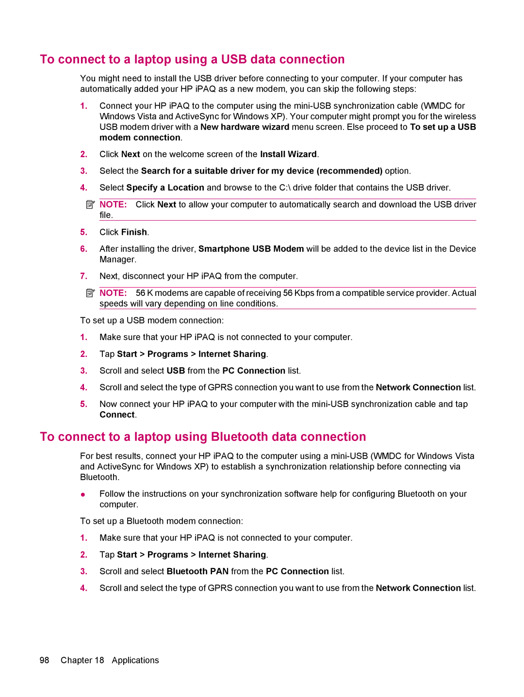 HP 612 manual To connect to a laptop using a USB data connection, To connect to a laptop using Bluetooth data connection 