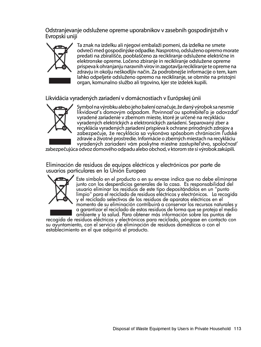 HP 612 manual Disposal of Waste Equipment by Users in Private Household 