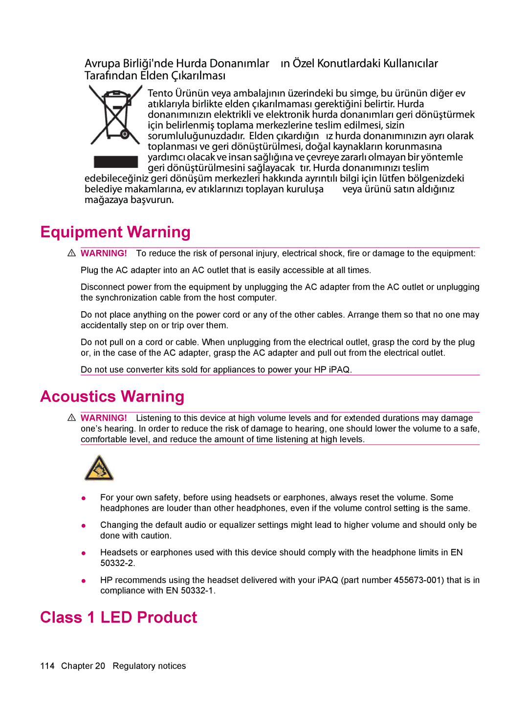 HP 612 manual Equipment Warning, Acoustics Warning, Class 1 LED Product 