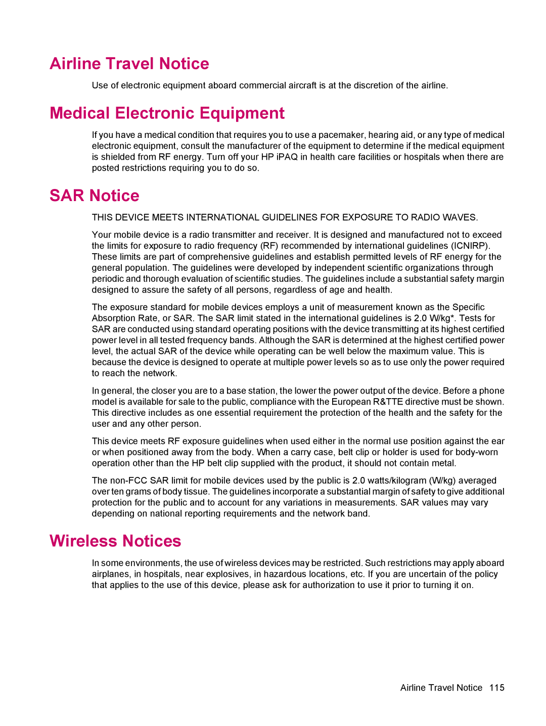 HP 612 manual Airline Travel Notice, Medical Electronic Equipment, SAR Notice, Wireless Notices 