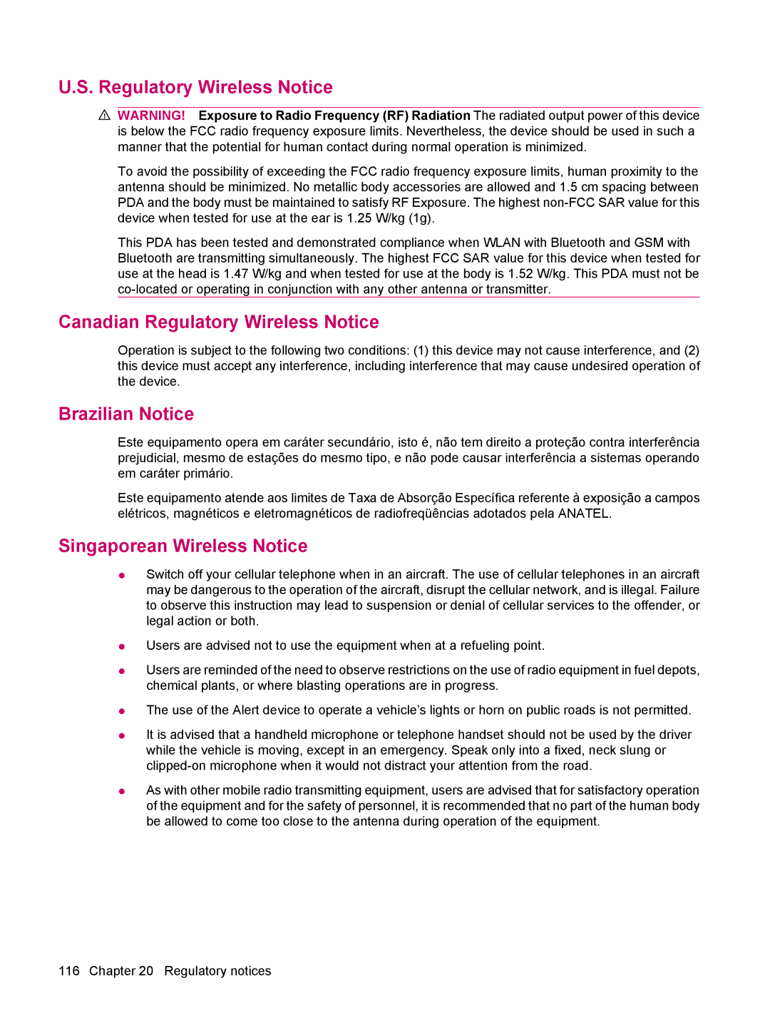 HP 612 manual Canadian Regulatory Wireless Notice, Brazilian Notice, Singaporean Wireless Notice 