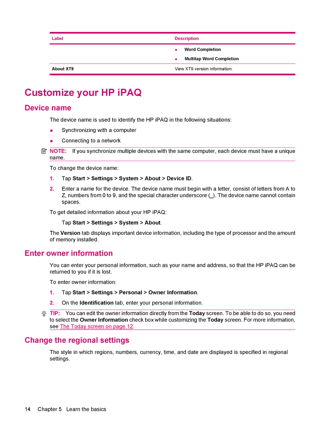 HP 612 manual Customize your HP iPAQ, Device name, Enter owner information, Change the regional settings 