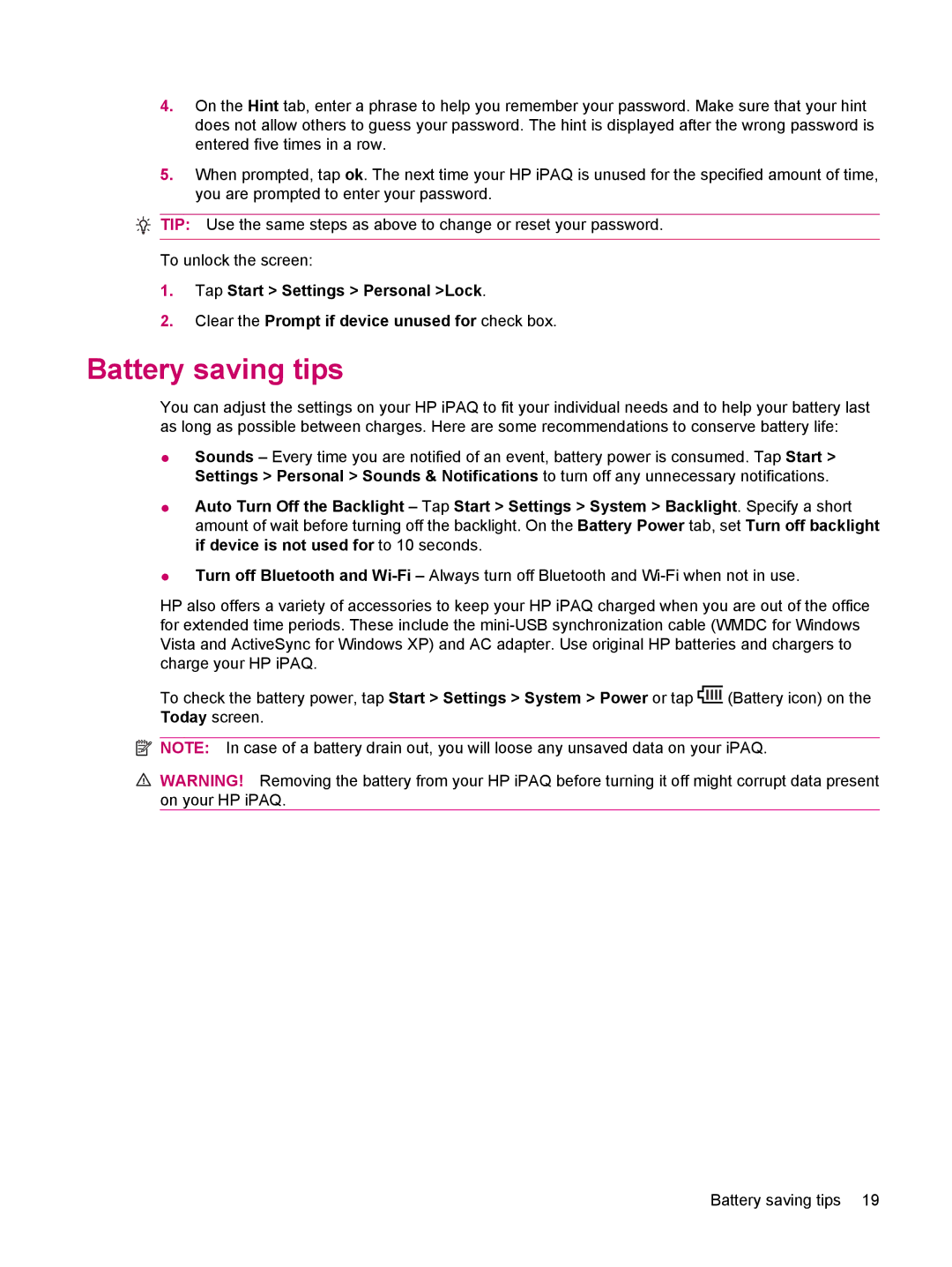 HP 612 manual Battery saving tips 