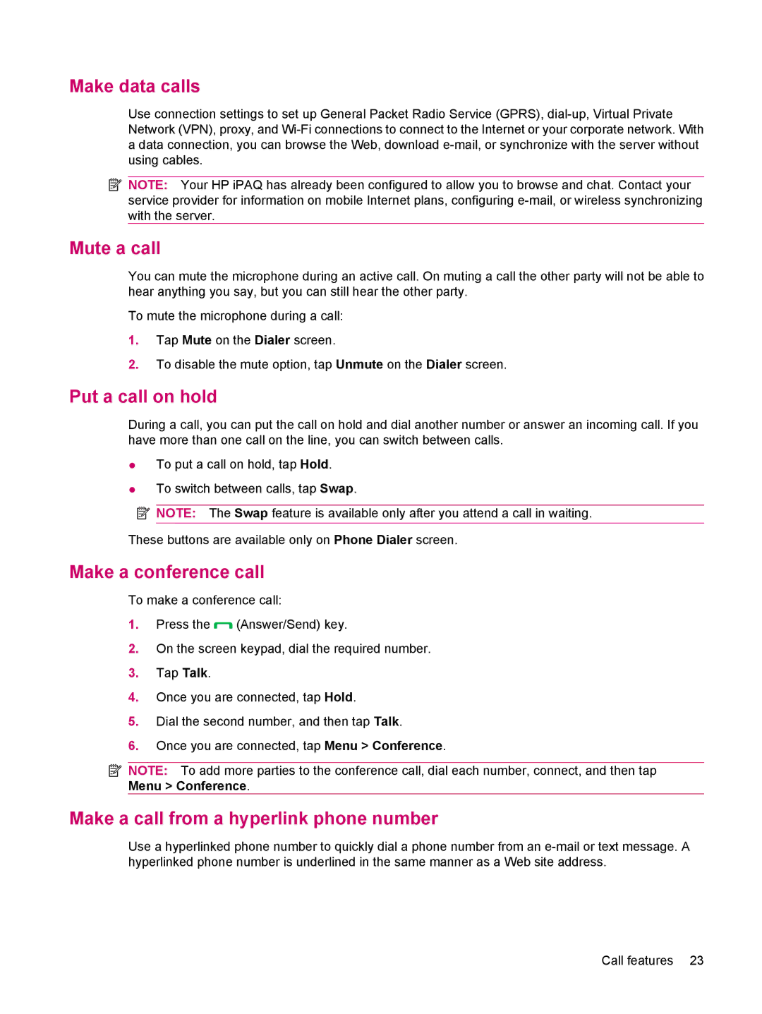 HP 612 Make data calls, Mute a call, Put a call on hold, Make a conference call, Make a call from a hyperlink phone number 