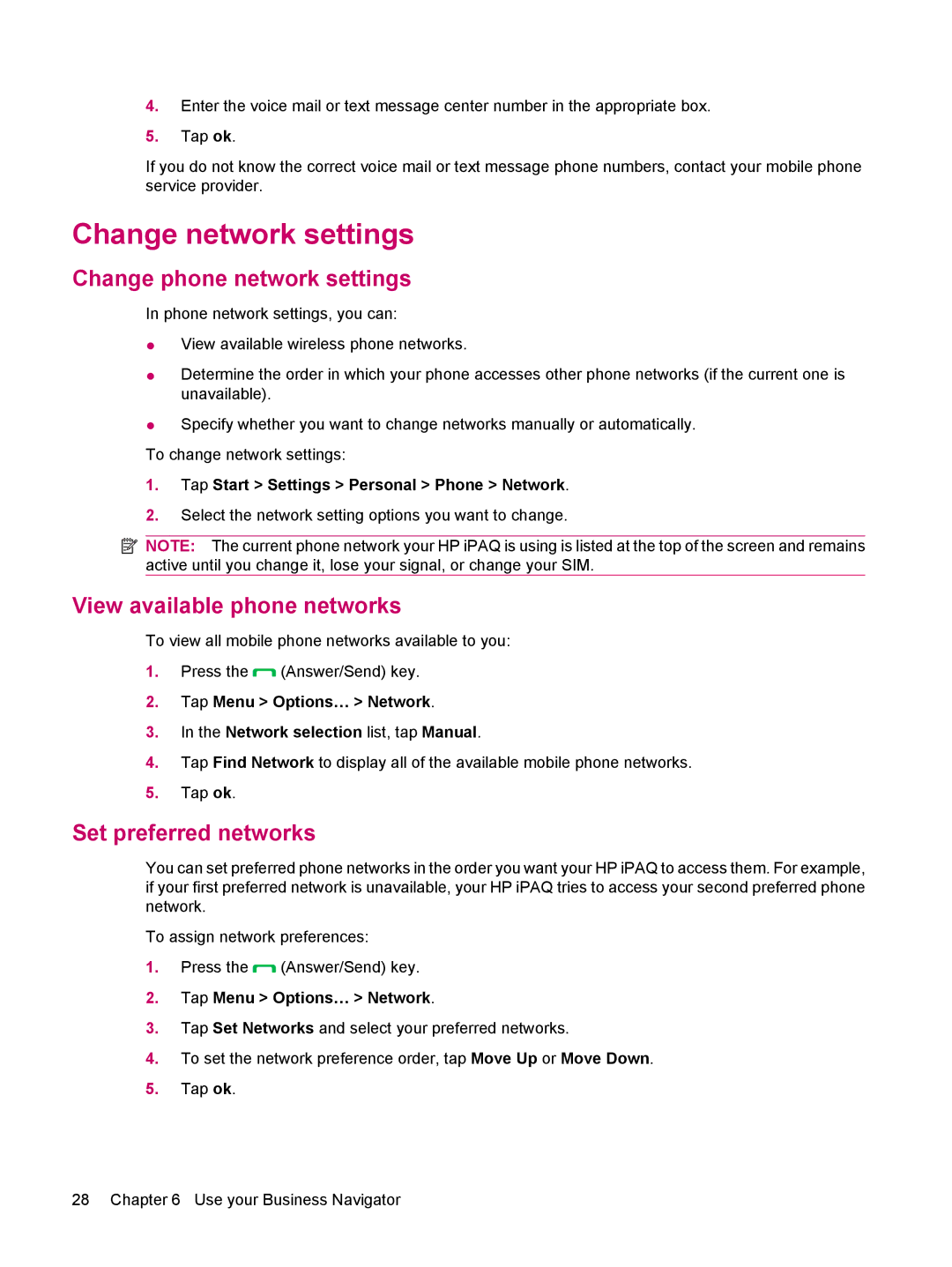 HP 612 manual Change network settings, Change phone network settings, View available phone networks, Set preferred networks 