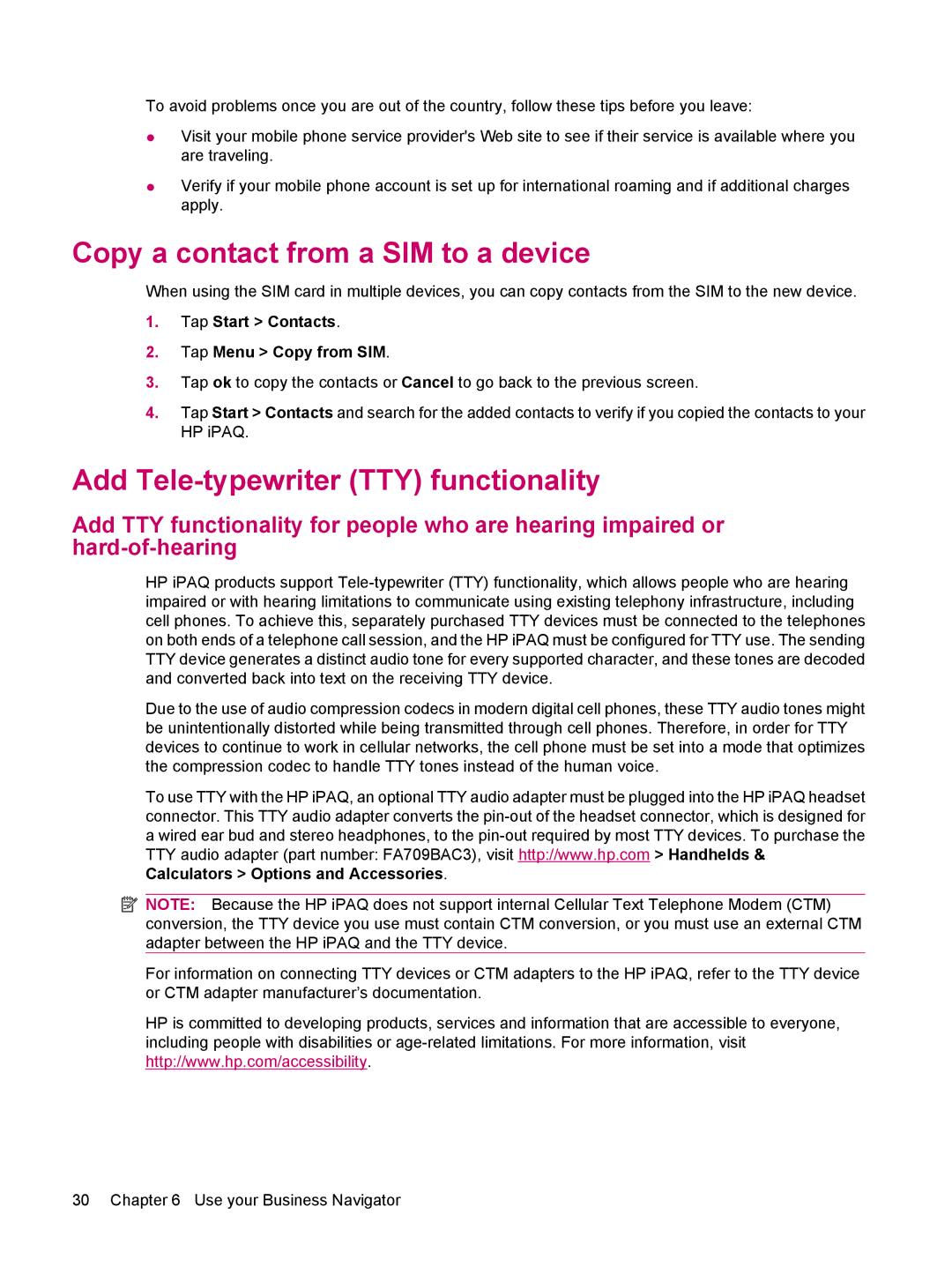 HP 612 manual Copy a contact from a SIM to a device, Add Tele-typewriter TTY functionality 