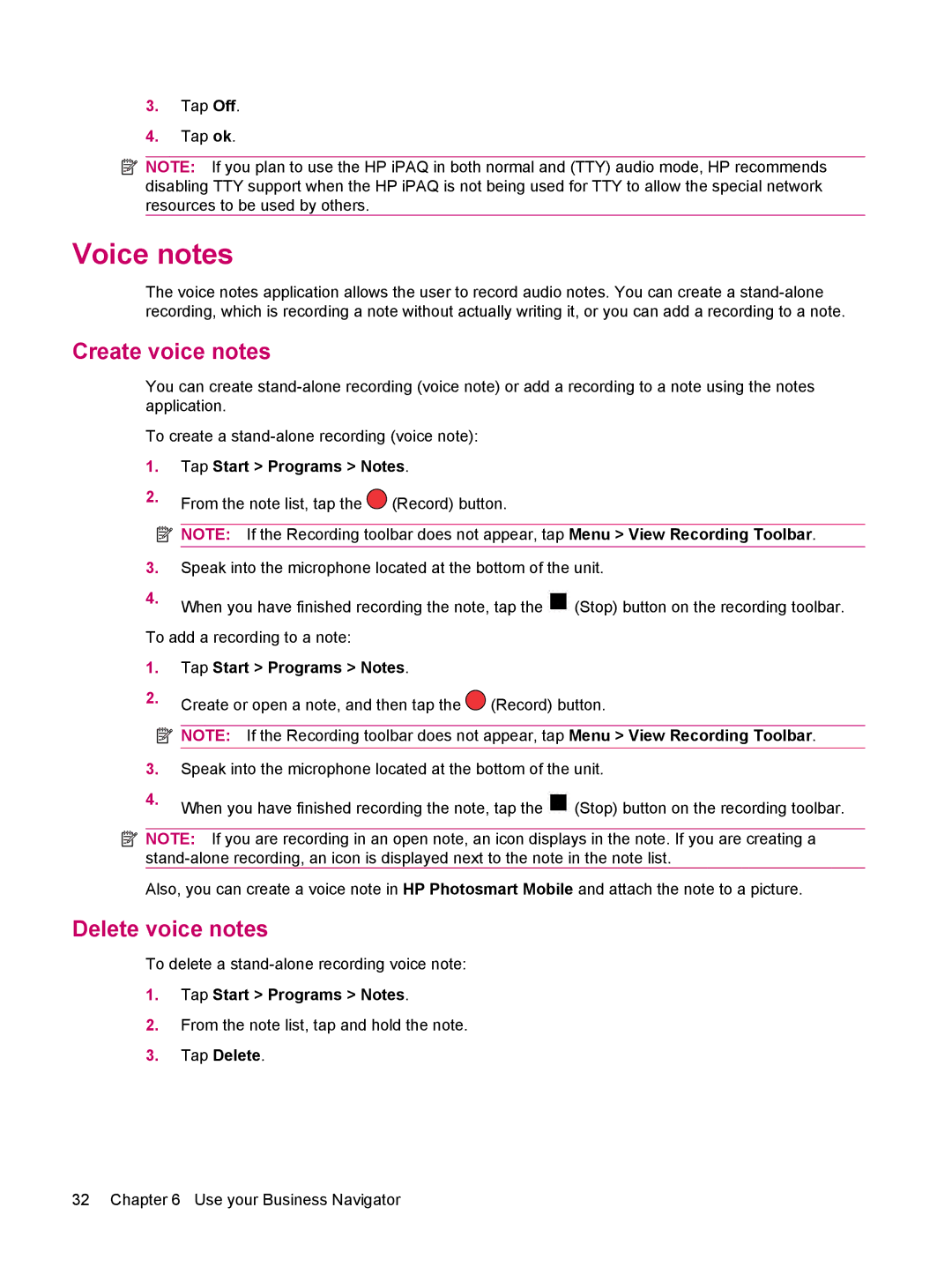 HP 612 manual Voice notes, Create voice notes, Delete voice notes, Tap Start Programs Notes, Tap Delete 