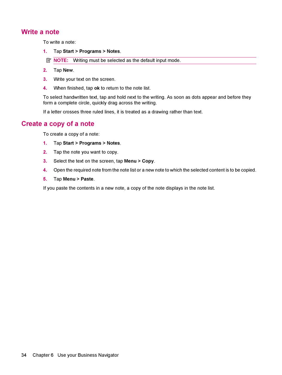 HP 612 manual Write a note, Create a copy of a note, Tap Menu Paste 