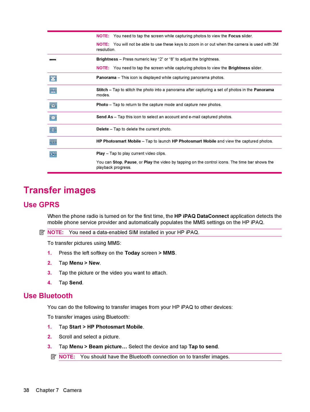 HP 612 manual Transfer images, Use Gprs, Use Bluetooth 