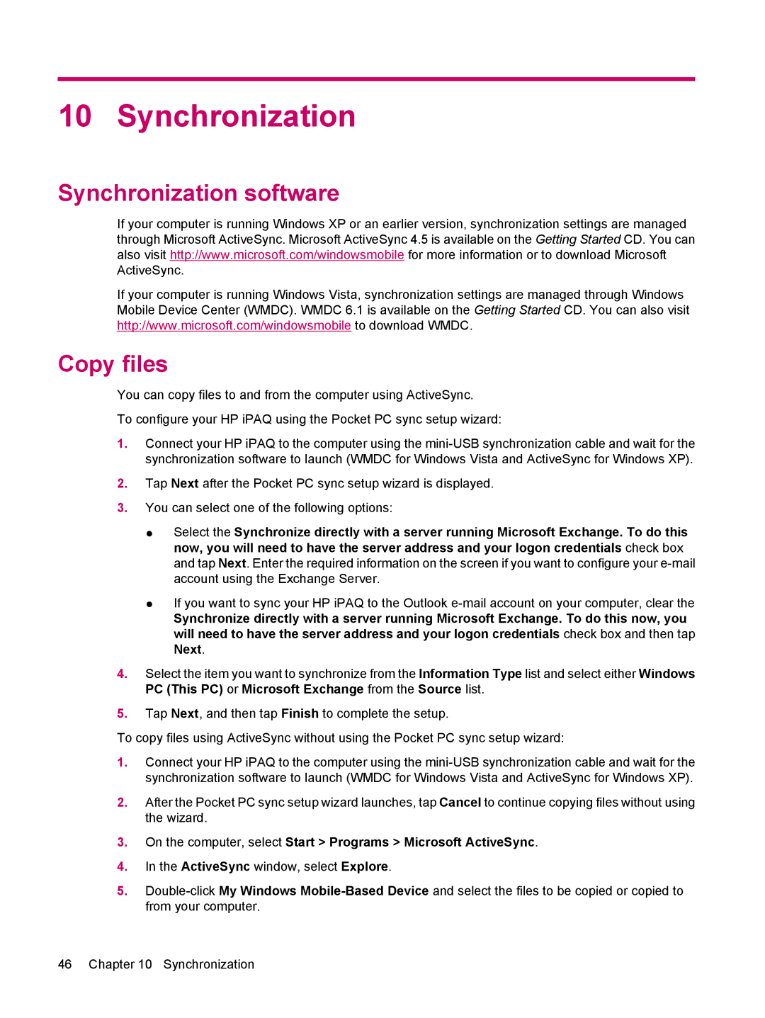 HP 612 manual Synchronization software Copy files, On the computer, select Start Programs Microsoft ActiveSync 