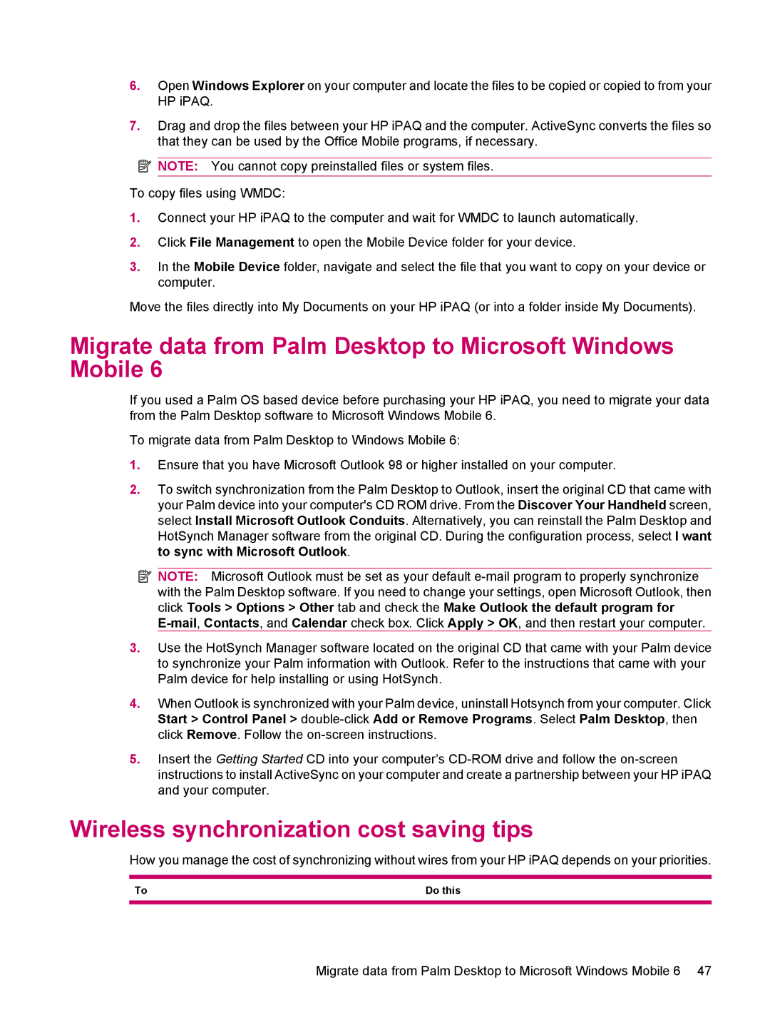 HP 612 manual Migrate data from Palm Desktop to Microsoft Windows Mobile, Wireless synchronization cost saving tips 