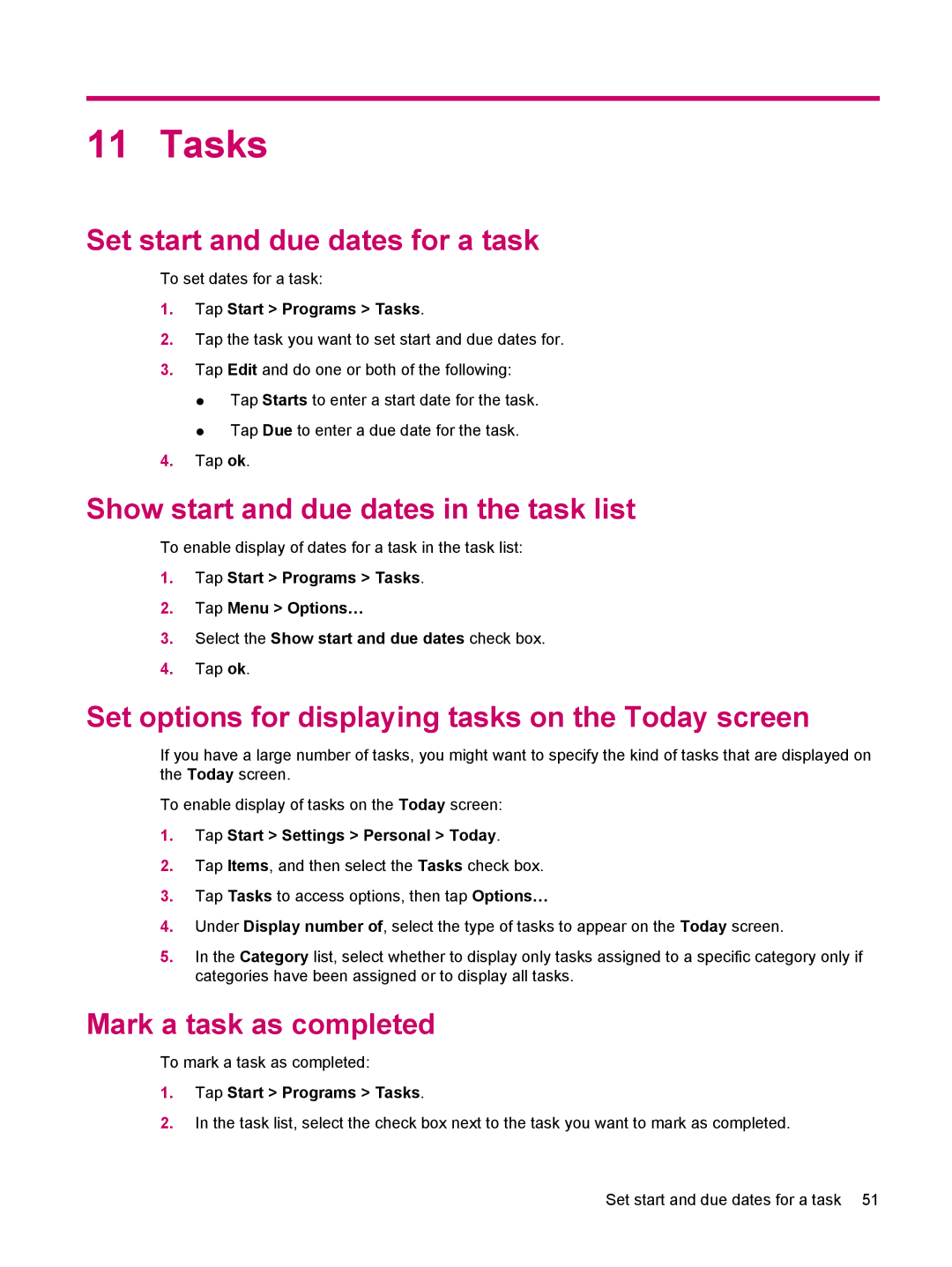 HP 612 Tasks, Set start and due dates for a task, Show start and due dates in the task list, Mark a task as completed 