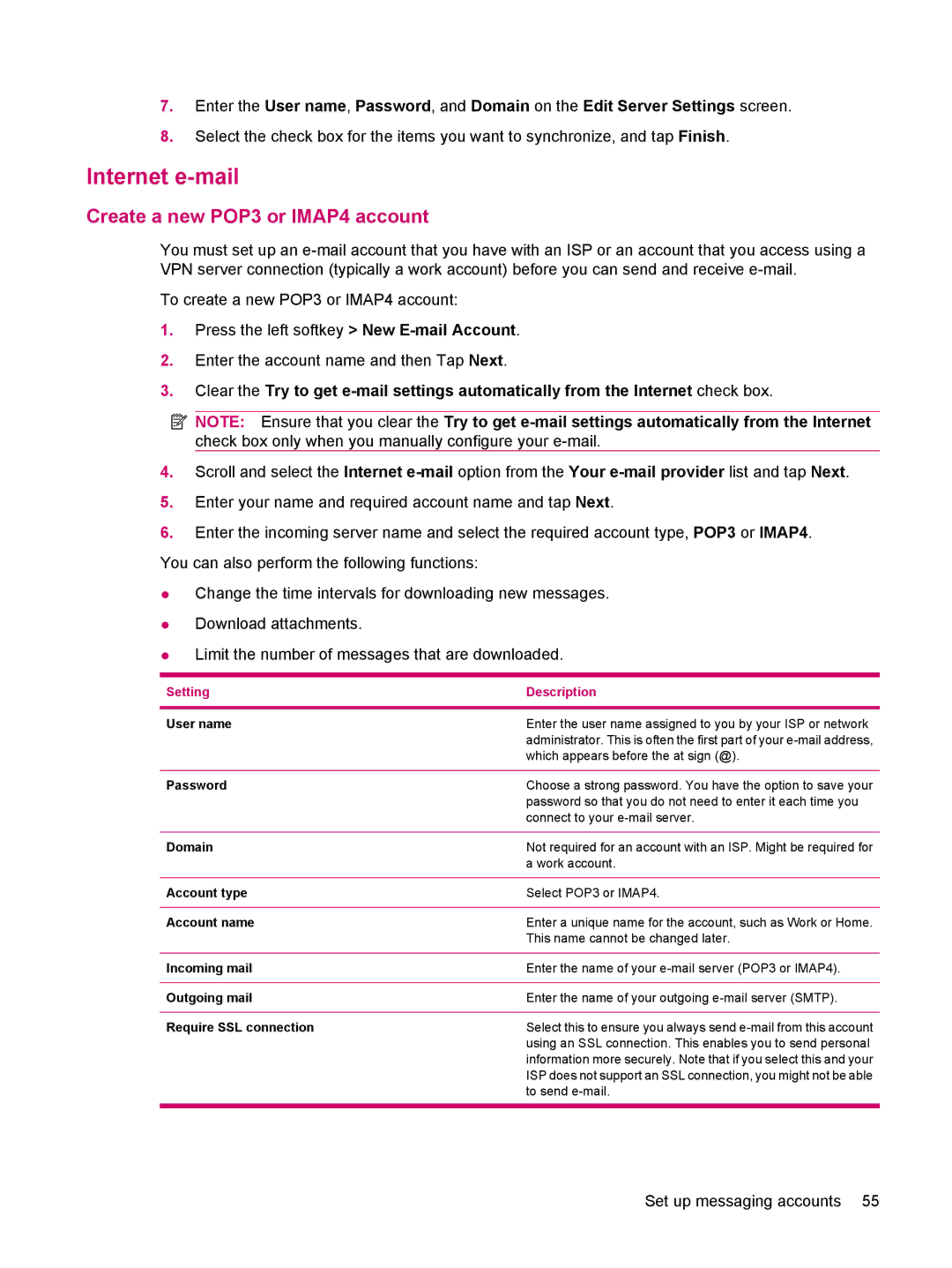HP 612 manual Internet e-mail, Create a new POP3 or IMAP4 account 