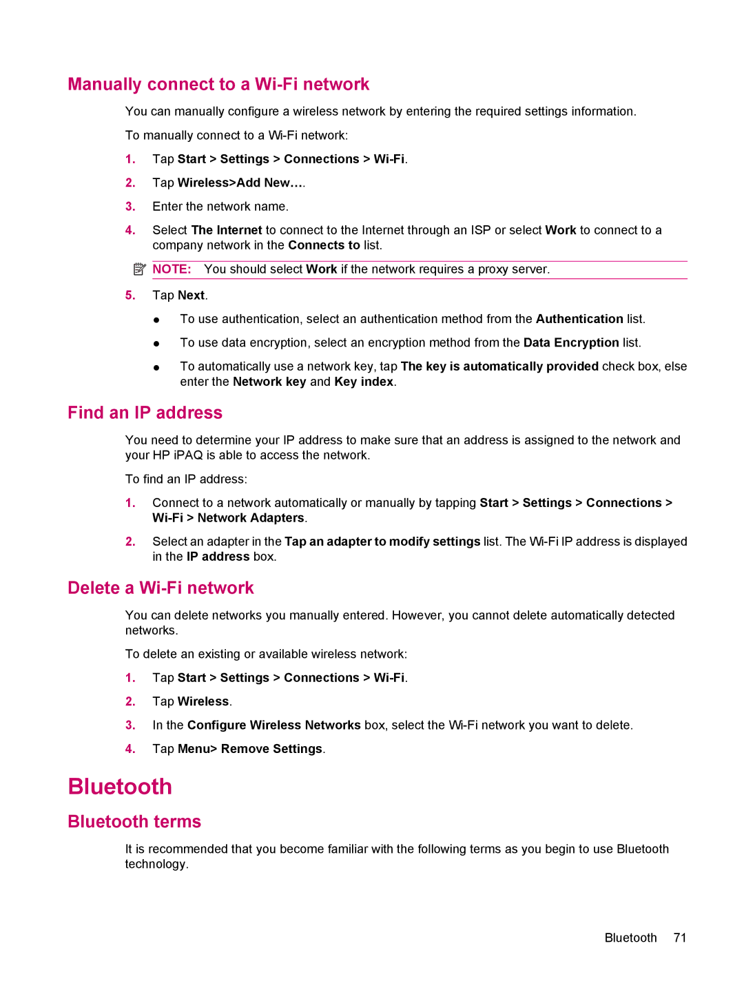 HP 612 manual Manually connect to a Wi-Fi network, Find an IP address, Delete a Wi-Fi network, Bluetooth terms 