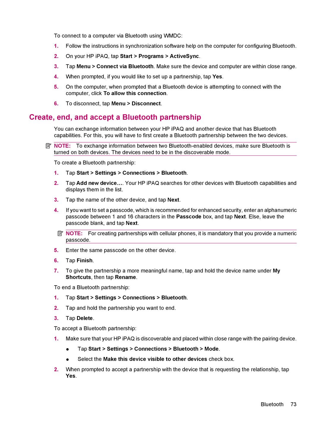 HP 612 manual Create, end, and accept a Bluetooth partnership, Tap Start Settings Connections Bluetooth, Tap Finish 