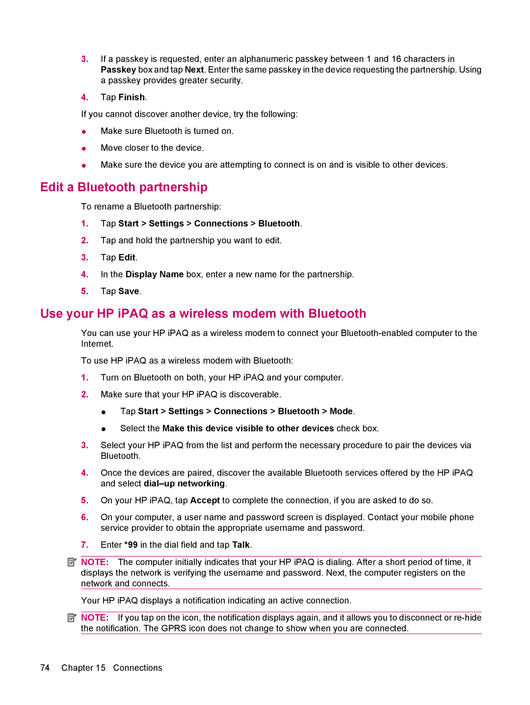 HP 612 manual Edit a Bluetooth partnership, Use your HP iPAQ as a wireless modem with Bluetooth 