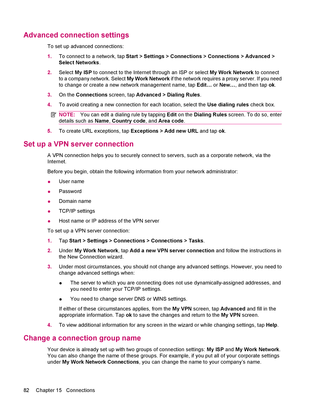 HP 612 manual Advanced connection settings, Set up a VPN server connection, Change a connection group name 