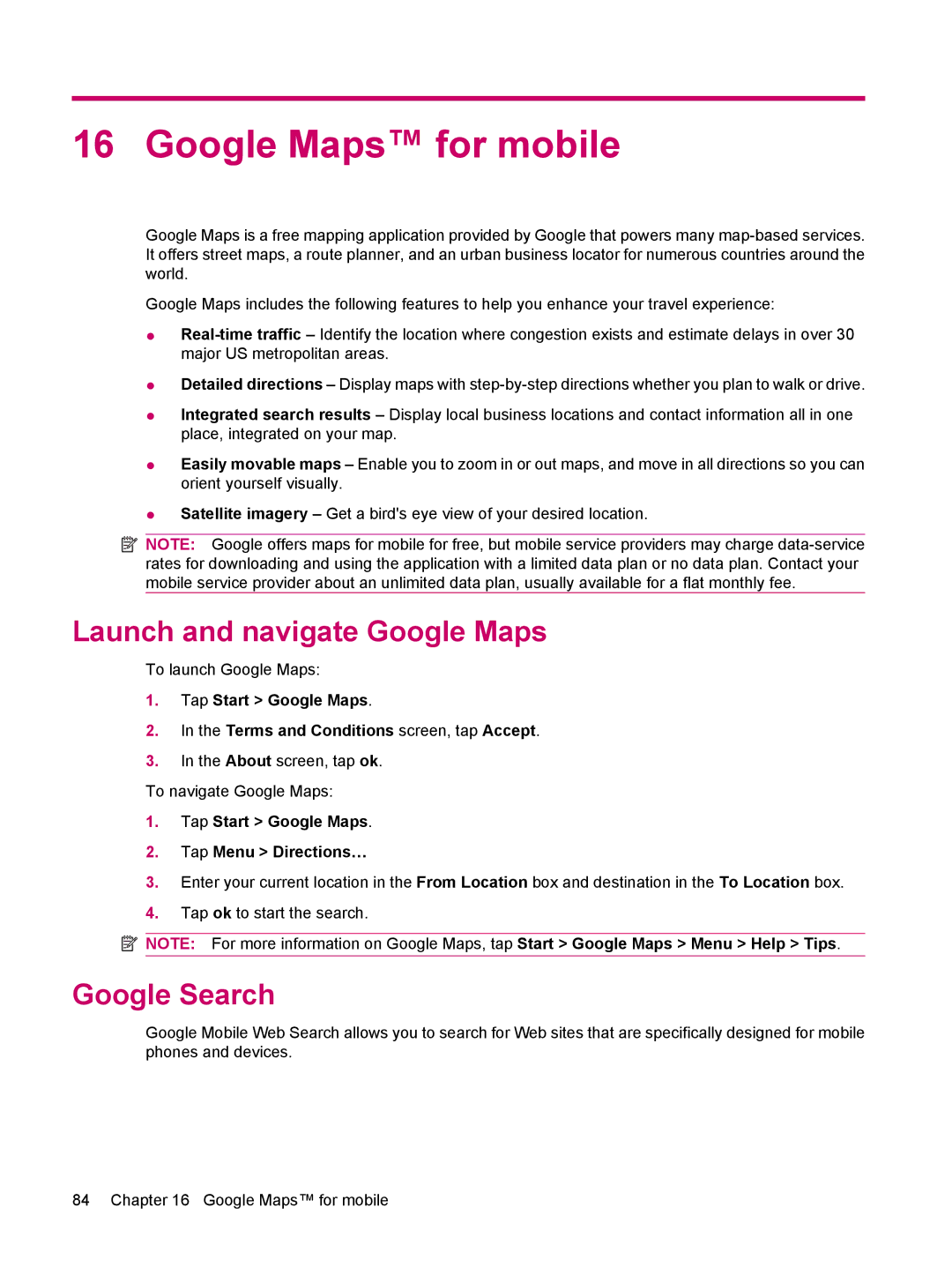 HP 612 Google Maps for mobile, Launch and navigate Google Maps, Google Search, Tap Start Google Maps Tap Menu Directions… 