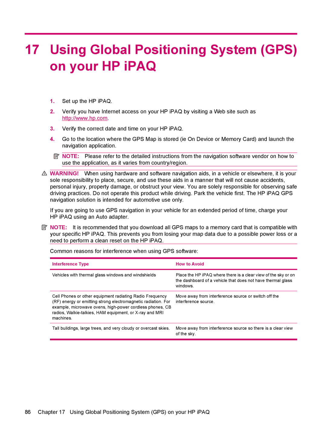 HP 612 manual Using Global Positioning System GPS on your HP iPAQ, Interference Type How to Avoid 