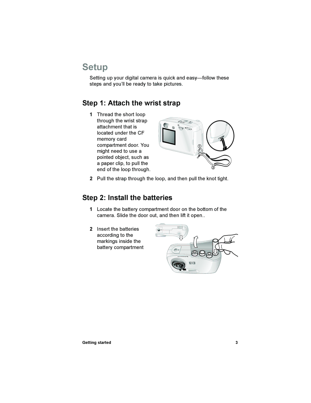 HP 612 manual Setup, Attach the wrist strap, Install the batteries 