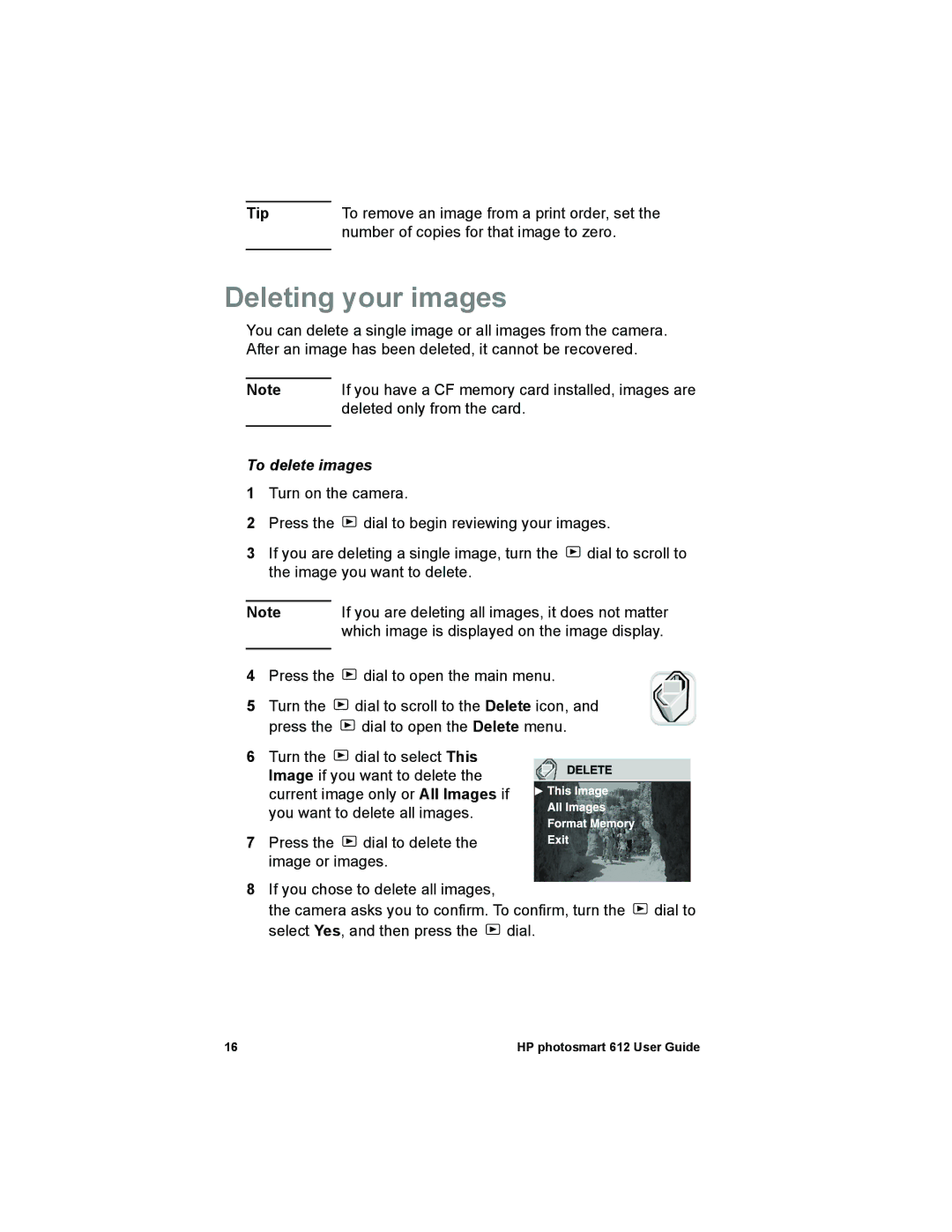 HP 612 manual Deleting your images, To delete images 