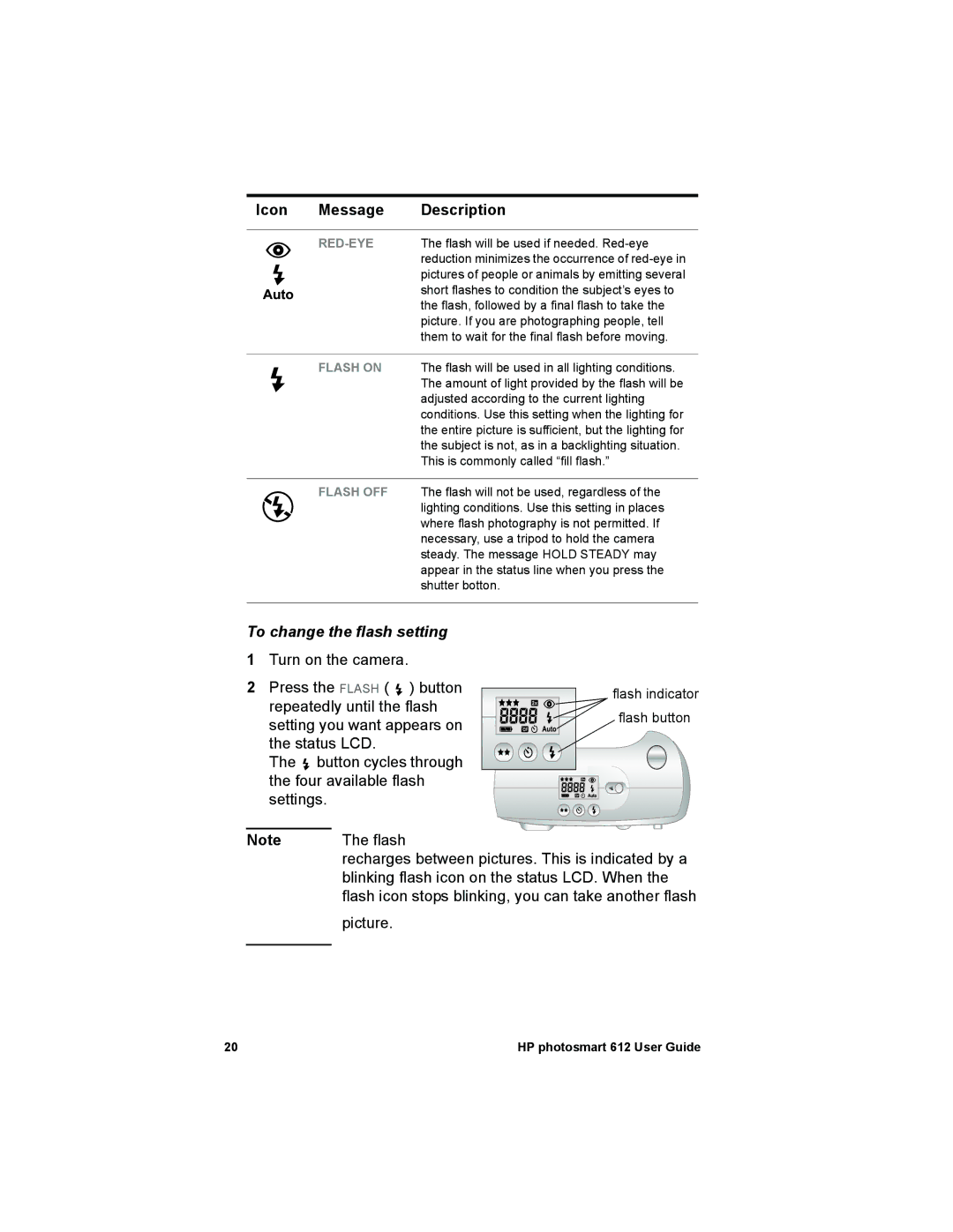 HP 612 manual To change the flash setting, Red-Eye 