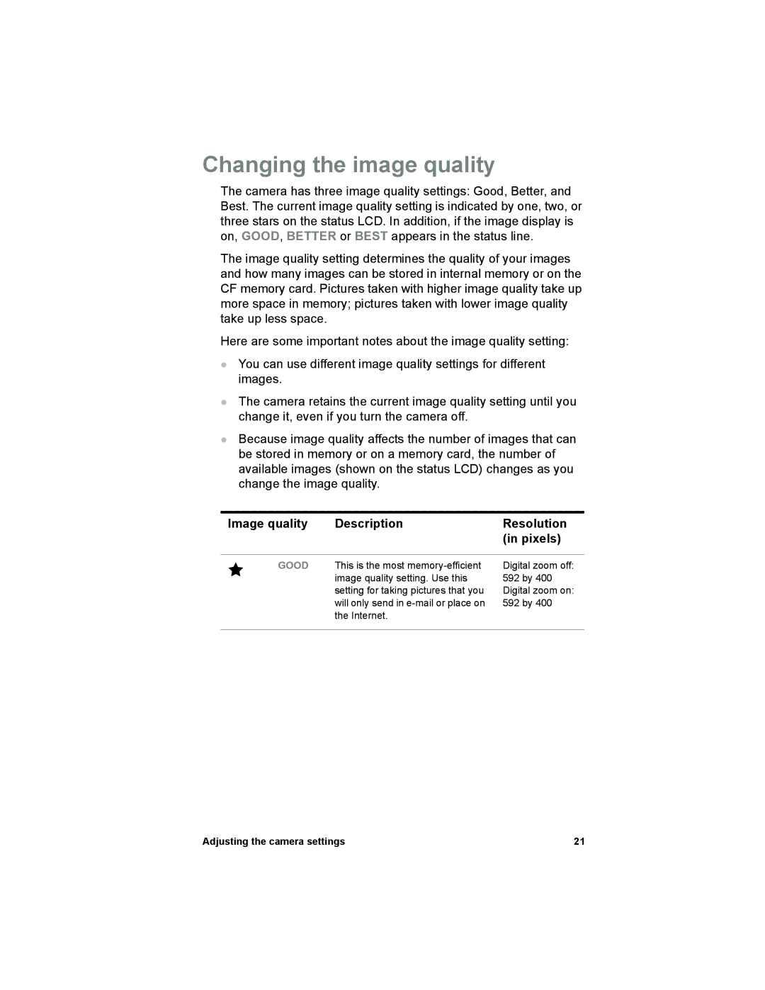 HP 612 manual Changing the image quality, Image quality Description Resolution Pixels 