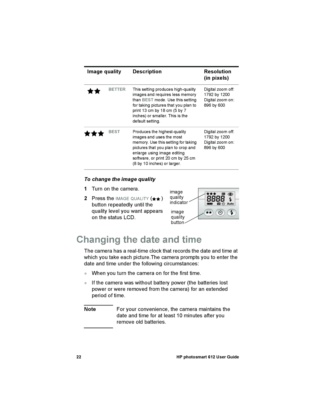 HP 612 manual Changing the date and time, To change the image quality 