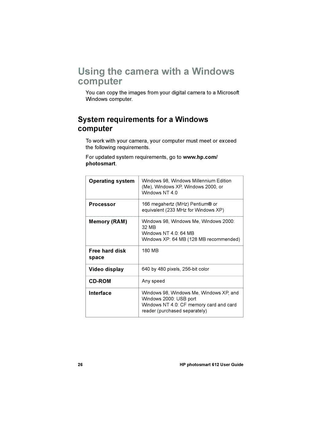 HP 612 manual Using the camera with a Windows computer, System requirements for a Windows computer 