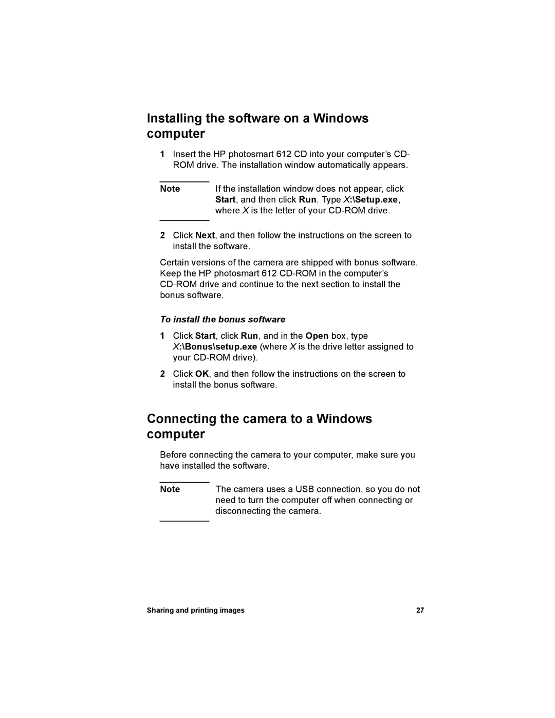 HP 612 manual Installing the software on a Windows computer, Connecting the camera to a Windows computer 