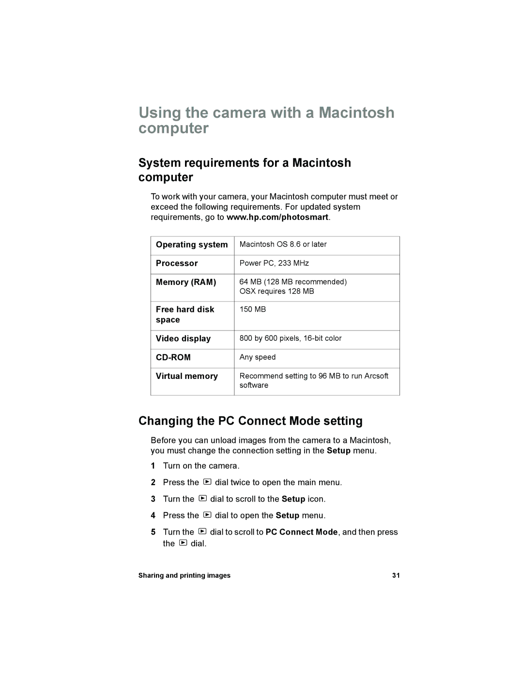 HP 612 manual Using the camera with a Macintosh computer, System requirements for a Macintosh computer, Virtual memory 