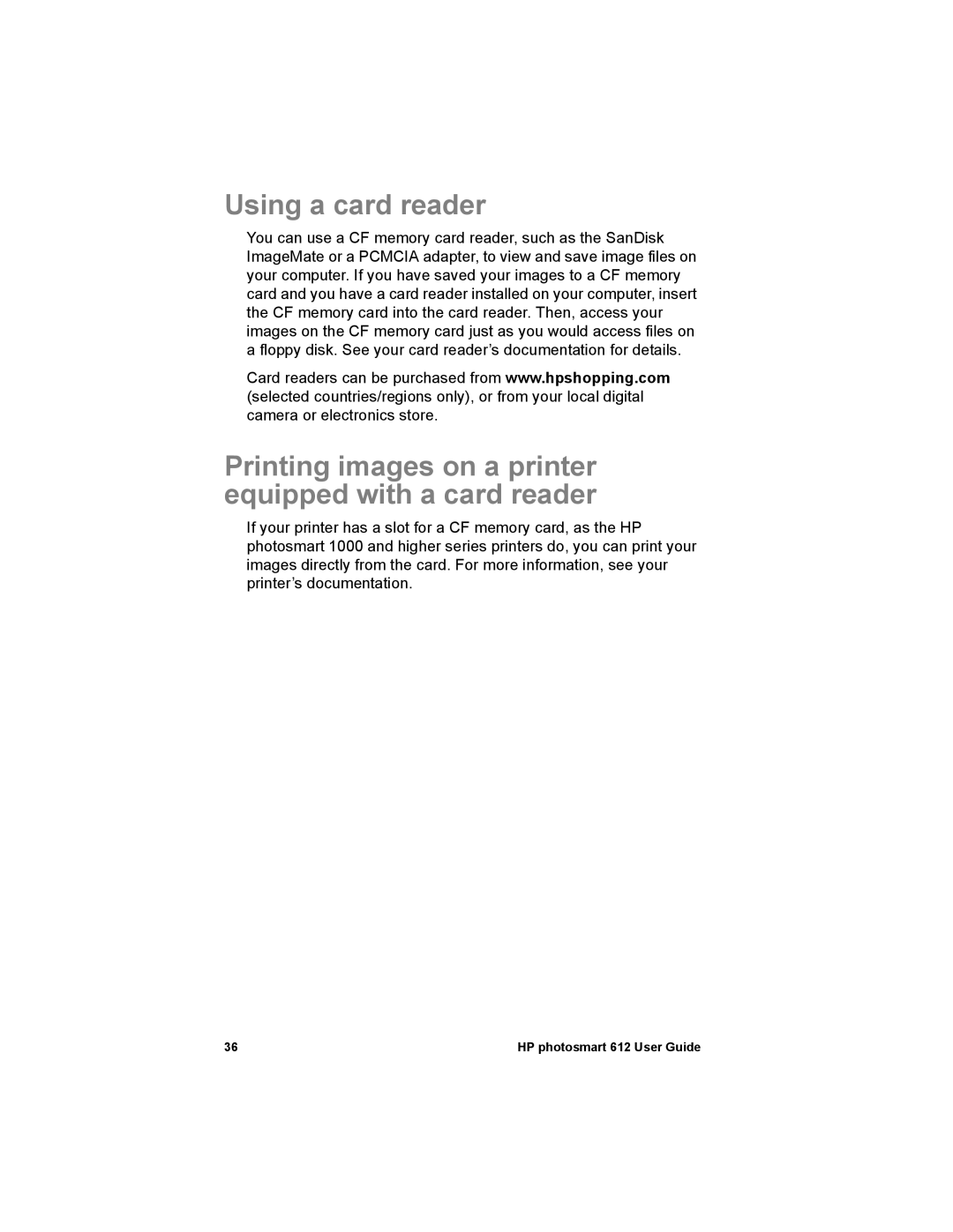 HP 612 manual Using a card reader, Printing images on a printer equipped with a card reader 