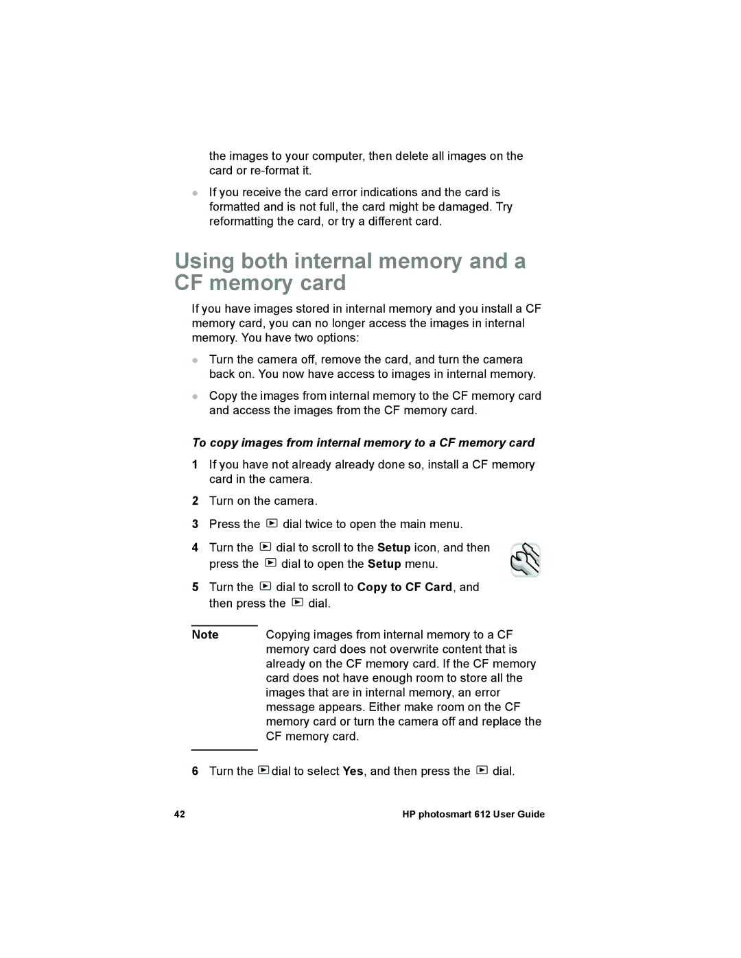 HP 612 manual Using both internal memory and a CF memory card, To copy images from internal memory to a CF memory card 