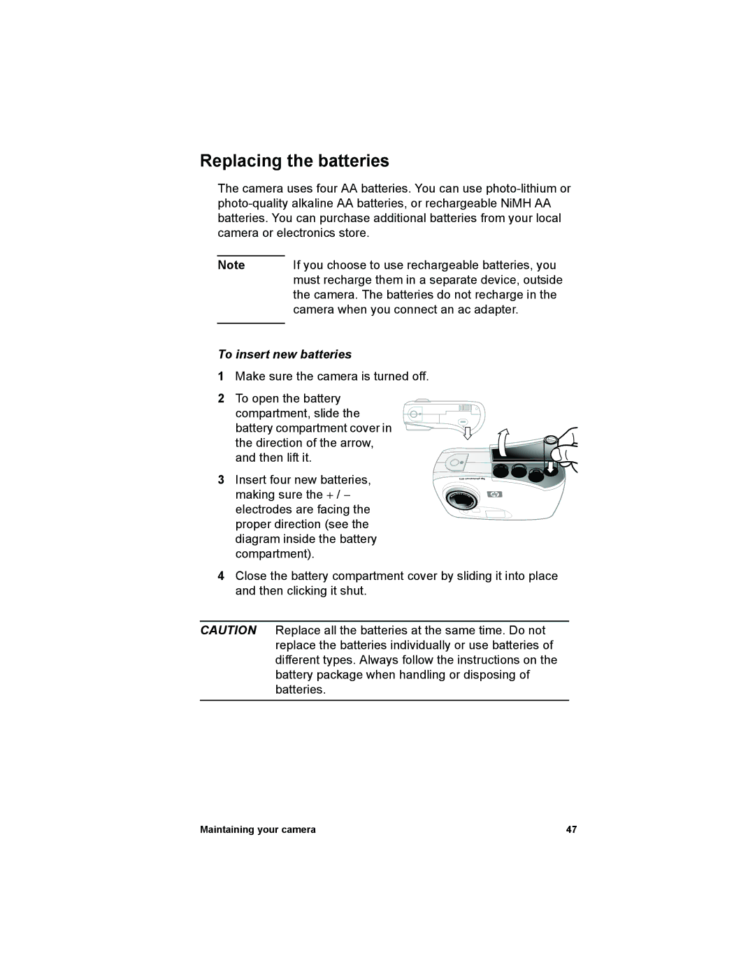 HP 612 manual Replacing the batteries, To insert new batteries 