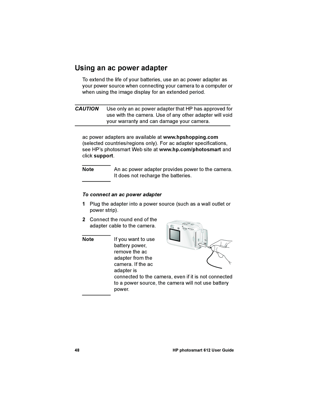 HP 612 manual Using an ac power adapter, To connect an ac power adapter 