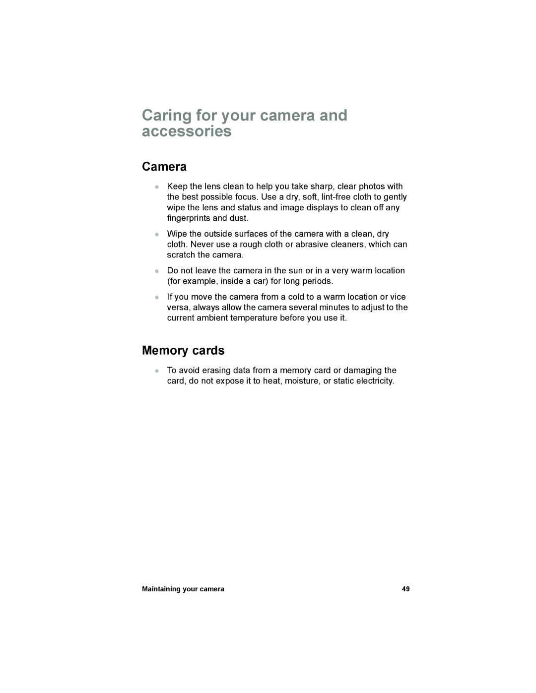 HP 612 manual Caring for your camera and accessories, Camera, Memory cards 