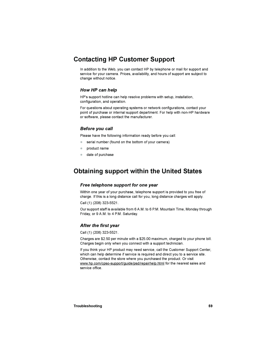 HP 612 manual Contacting HP Customer Support, Obtaining support within the United States 