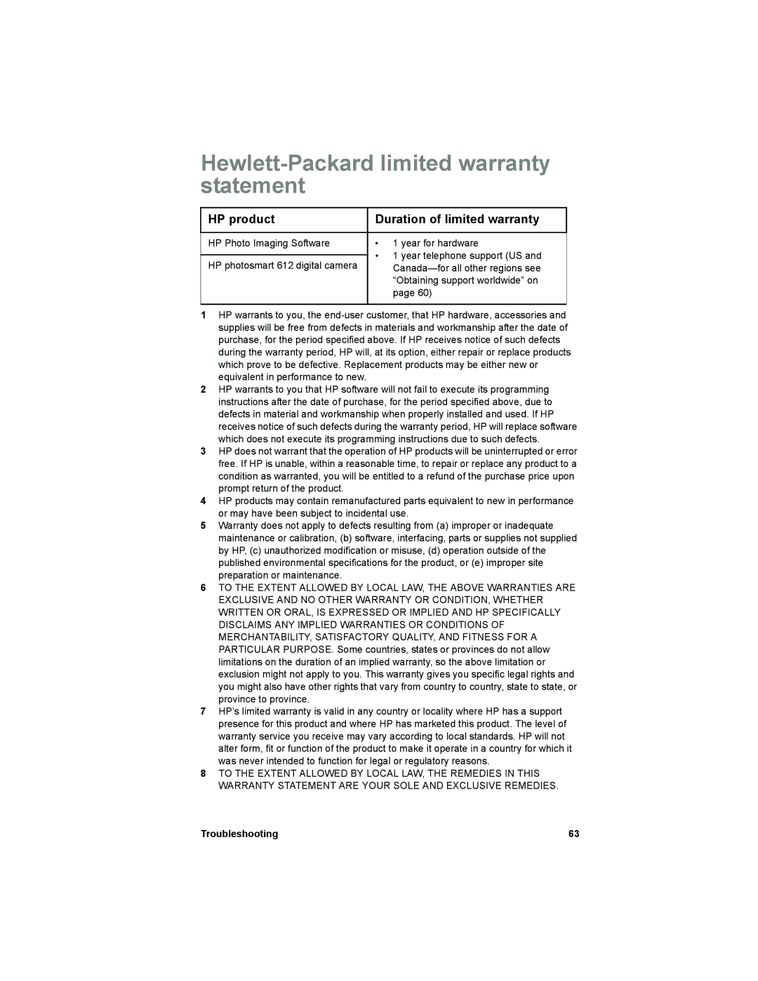 HP 612 manual Hewlett-Packard limited warranty statement, HP product Duration of limited warranty 