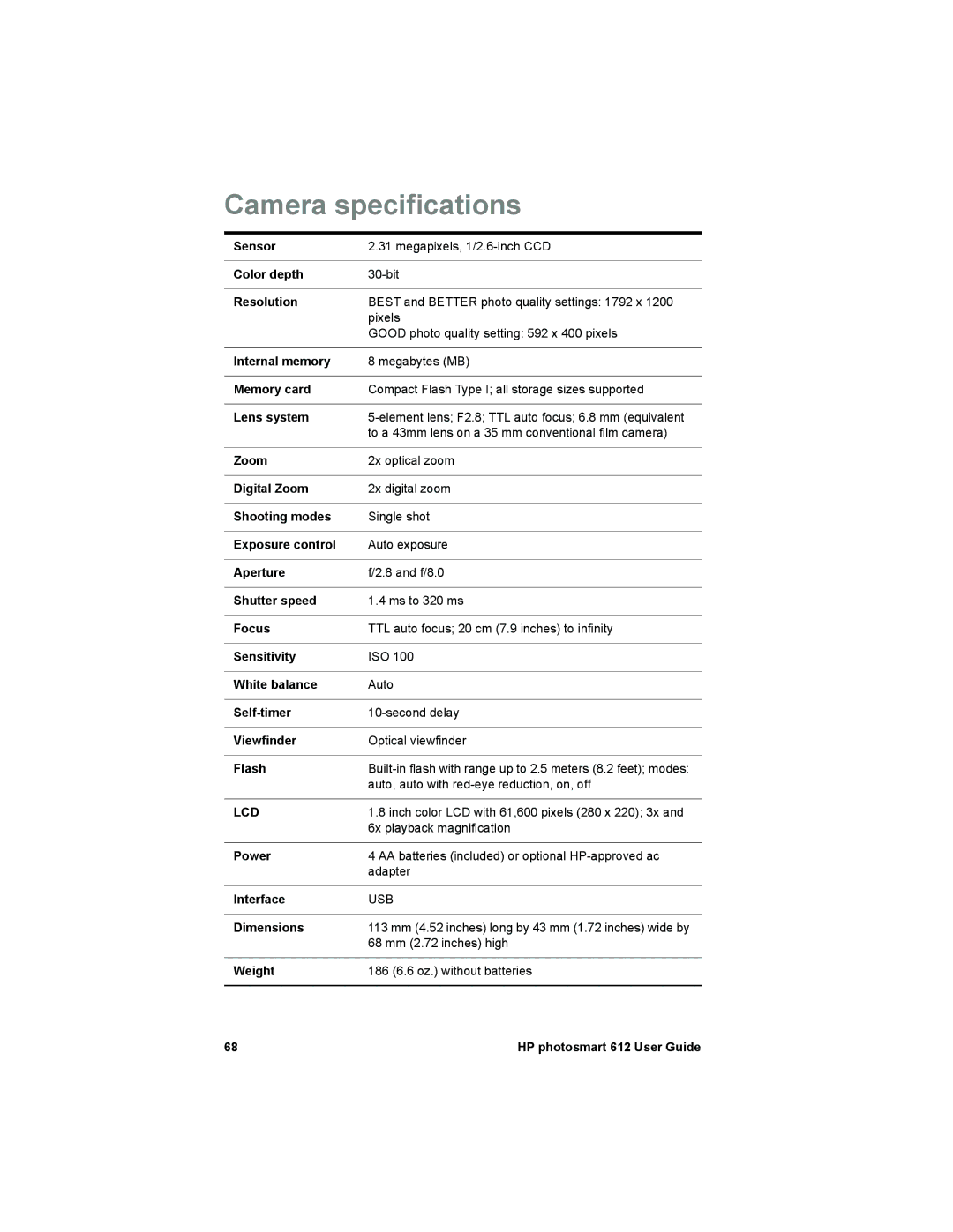 HP 612 manual Camera specifications 