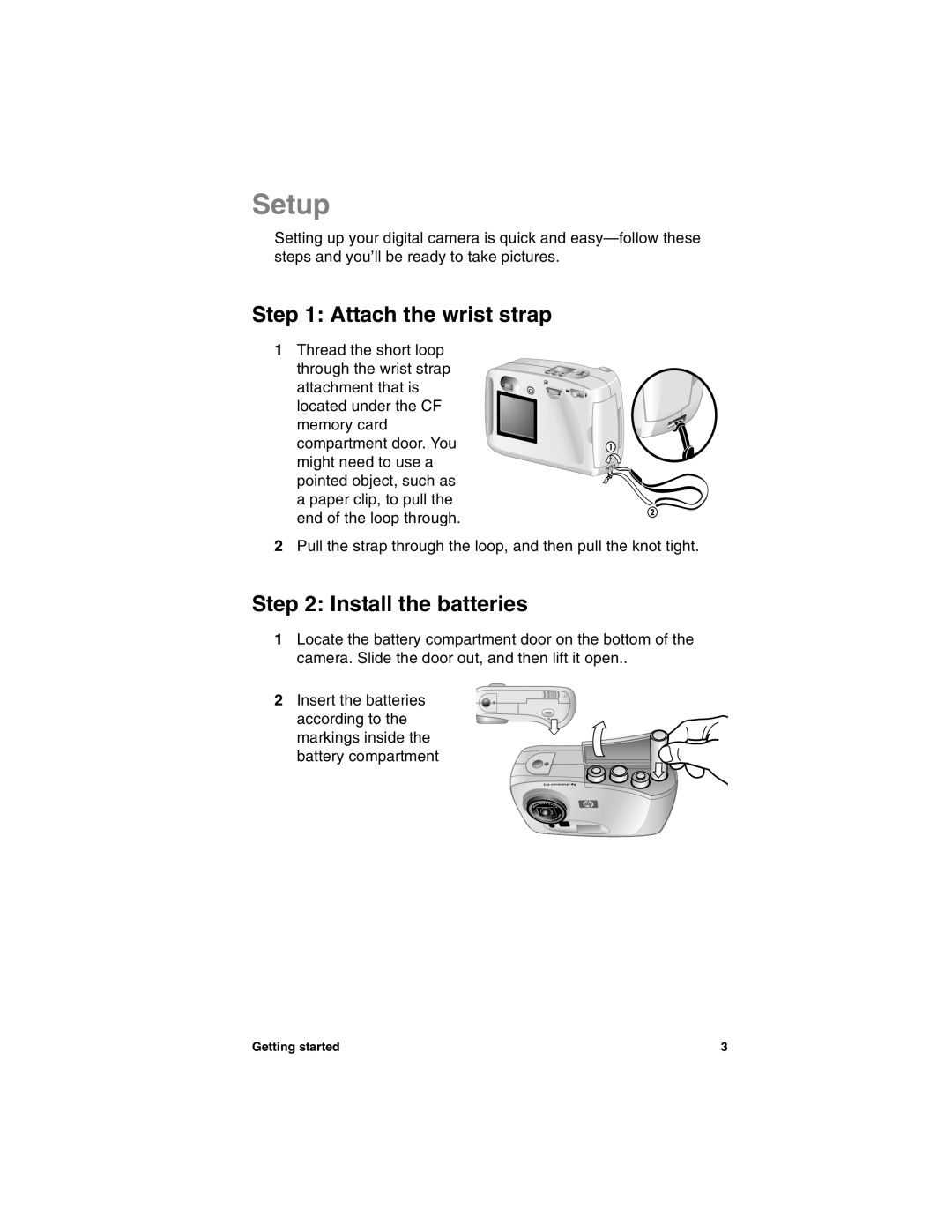 HP 612 manual Setup, Attach the wrist strap, Install the batteries 